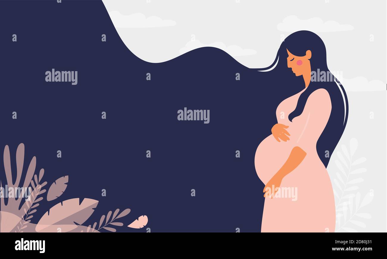 Banner moderno sulla gravidanza e la maternità. Poster con una bella giovane donna incinta con capelli lunghi e posto per il testo. Design minimalista, cartoni animati a disegno vettoriale piatto Illustrazione Vettoriale