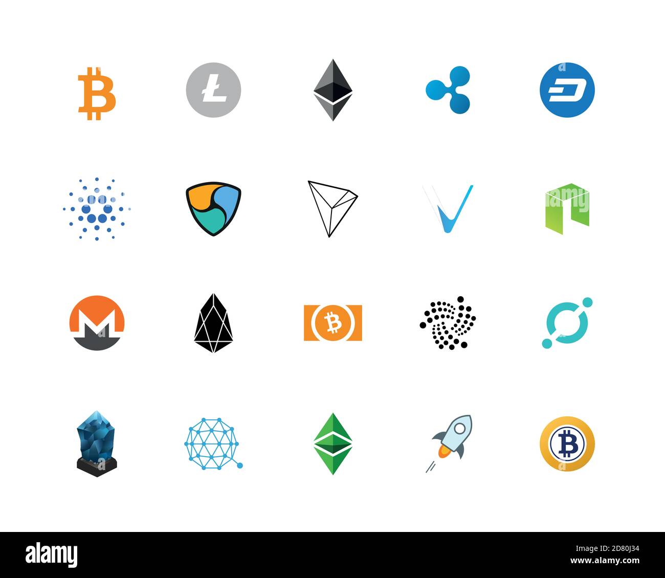 20 il set più popolare di logo criptovalenti - bitcoin, litecoin, etereo, ripple e altro. Set di icone colorate. Illustrazione Vettoriale