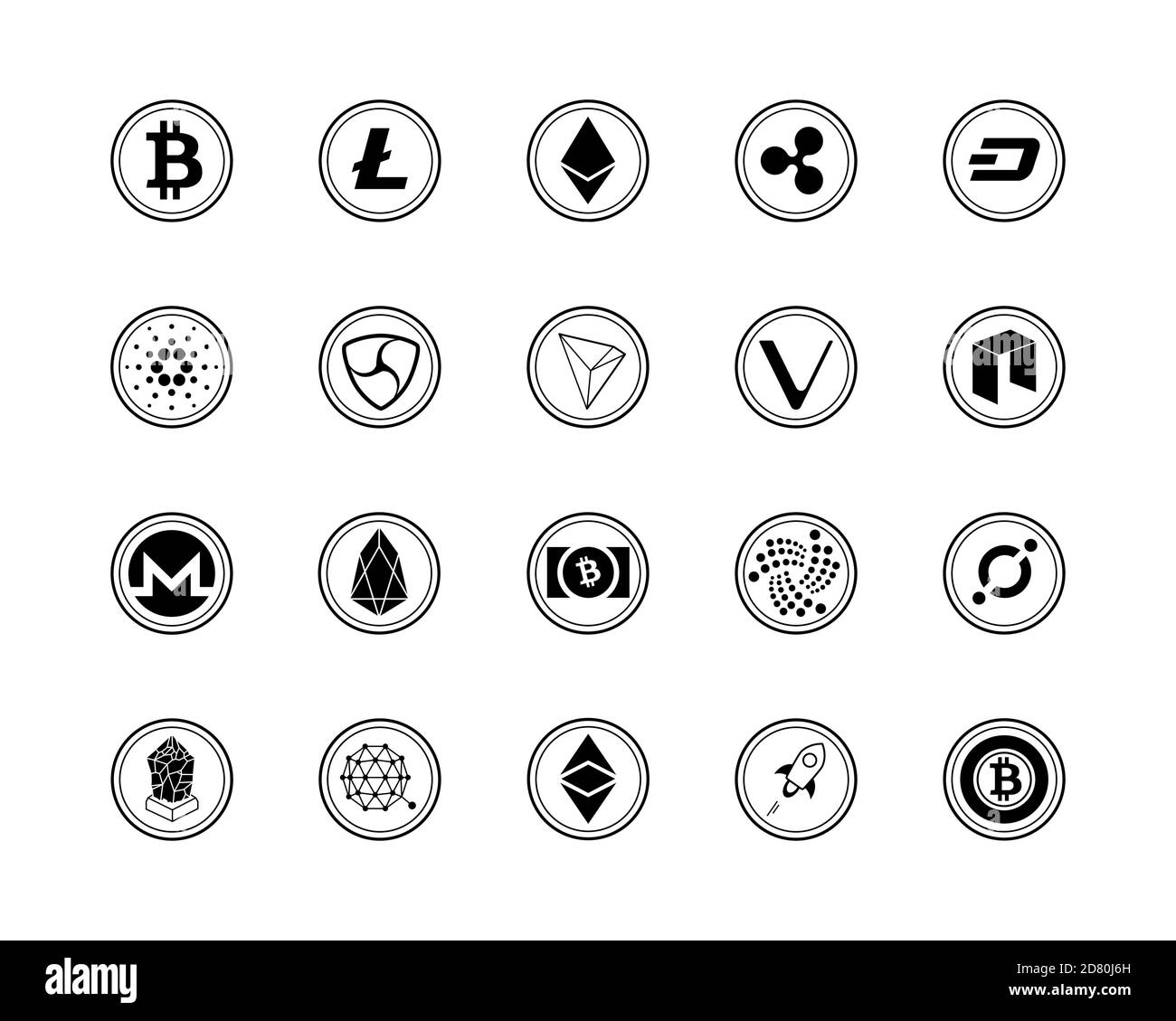 20 il set più popolare di logo criptovalenti - bitcoin, litecoin, etereo, ripple e altro. Set di icone nere. Illustrazione Vettoriale