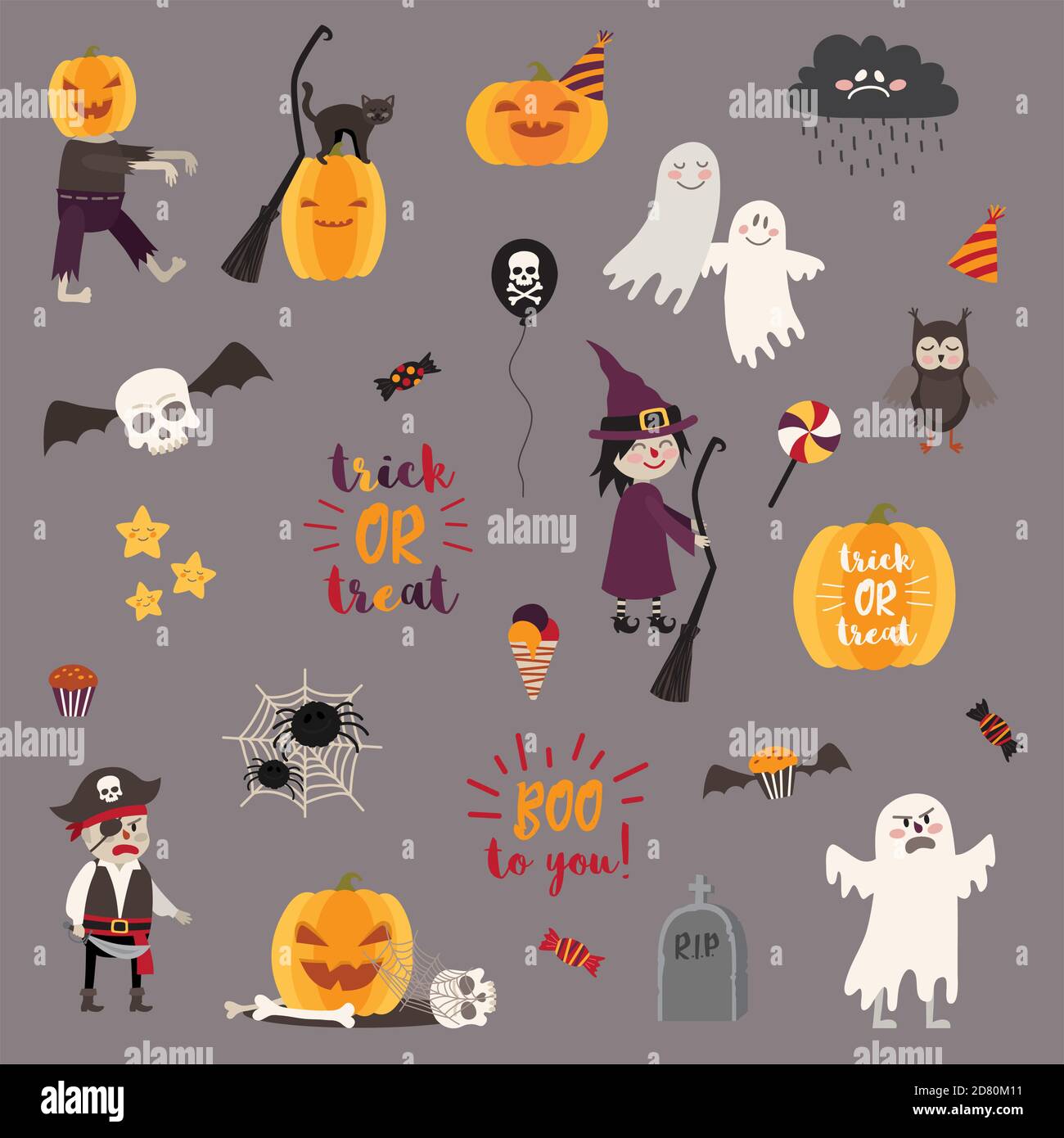Insieme di elementi di progettazione halloween: Oggetti, segni, elementi, simboli e cartoni animati. Illustrazione vettoriale. Illustrazione Vettoriale