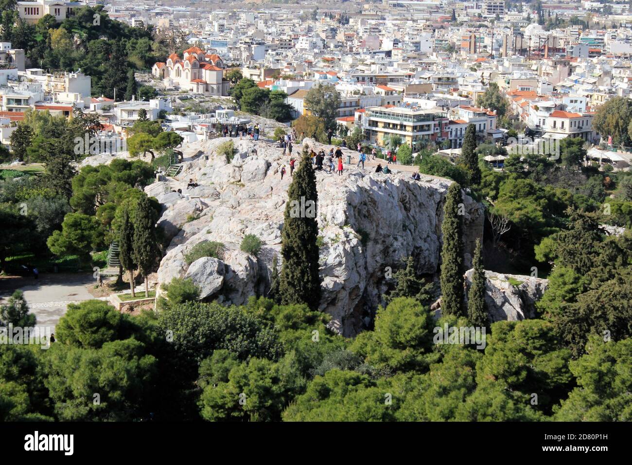 Vista della collina di Areios Pagos - Atene, Grecia, 5 febbraio 2020. Foto Stock