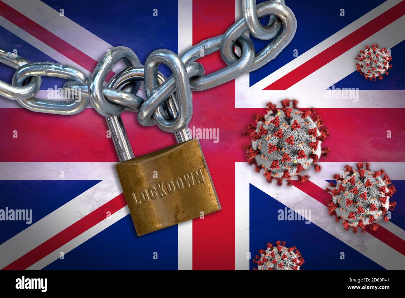 Concept of Coronavirus lockdown in United Kingdom, UK. With Covid-19 particle overshadowing flag of United Kingdom. Foto Stock