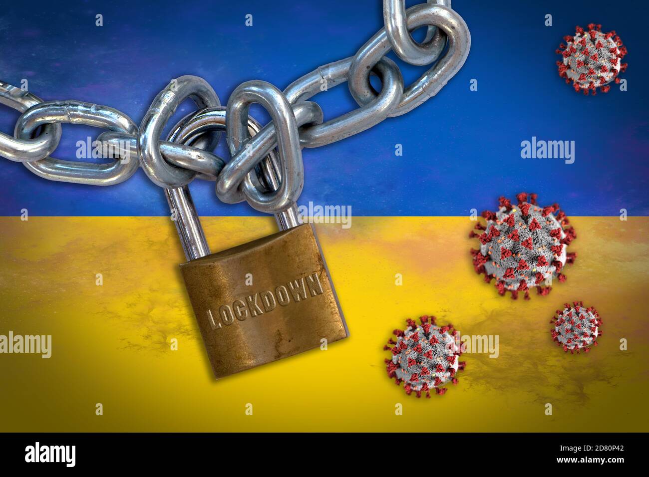 Concetto di blocco di Coronavirus in Ucraina, con particelle Covid-19 che oscilla bandiera dell'Ucraina. Foto Stock