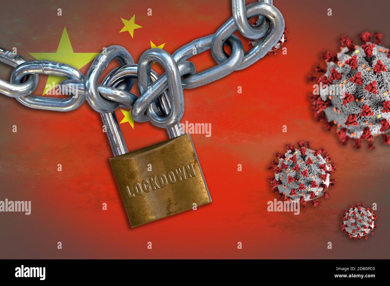 Concetto di blocco di Coronavirus in Cina, con particelle Covid-19 che oscilla bandiera della Cina. Foto Stock