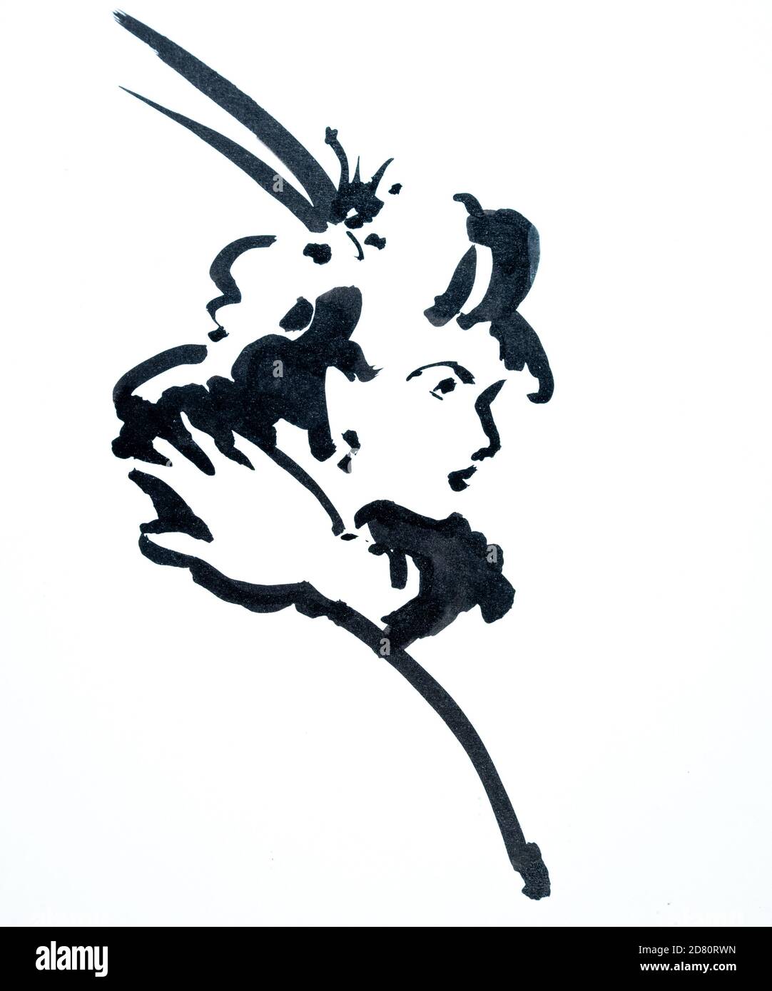 Ritratto femminile giovane adulto nel profilo disegnato con penna e. inchiostro Foto Stock