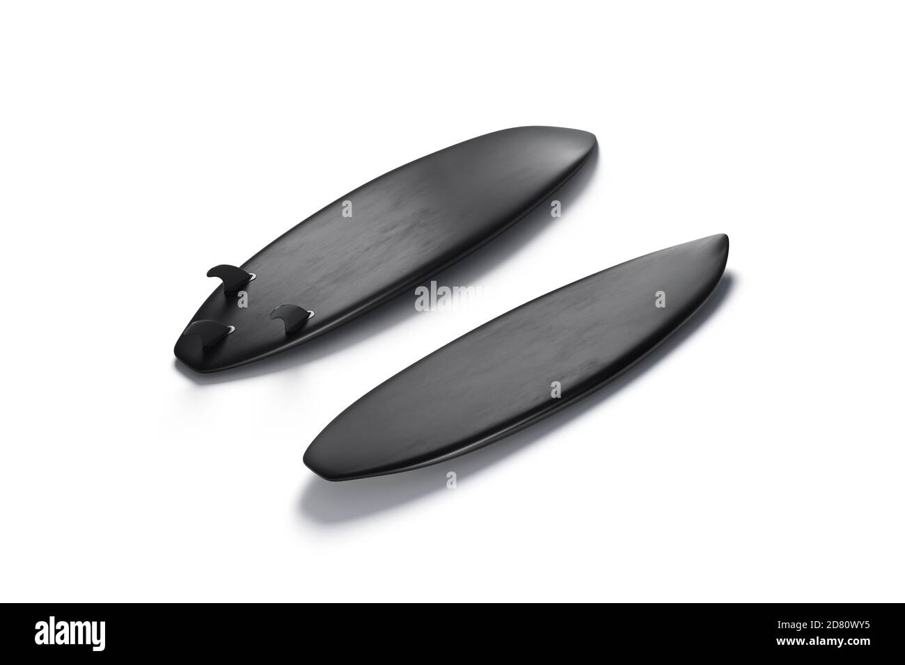 Surfboarf in legno nero bianco con pinne mockup, fronte e retro Foto Stock