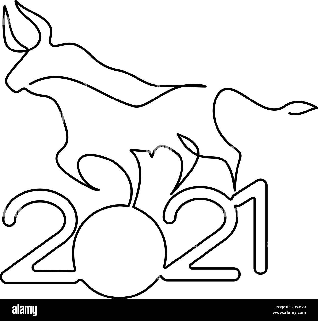 Bull disegno continuo di una linea. Cinese nuovo anno 2021 anno del toro. Disegno vettoriale con contorno nero. Illustrazione Vettoriale
