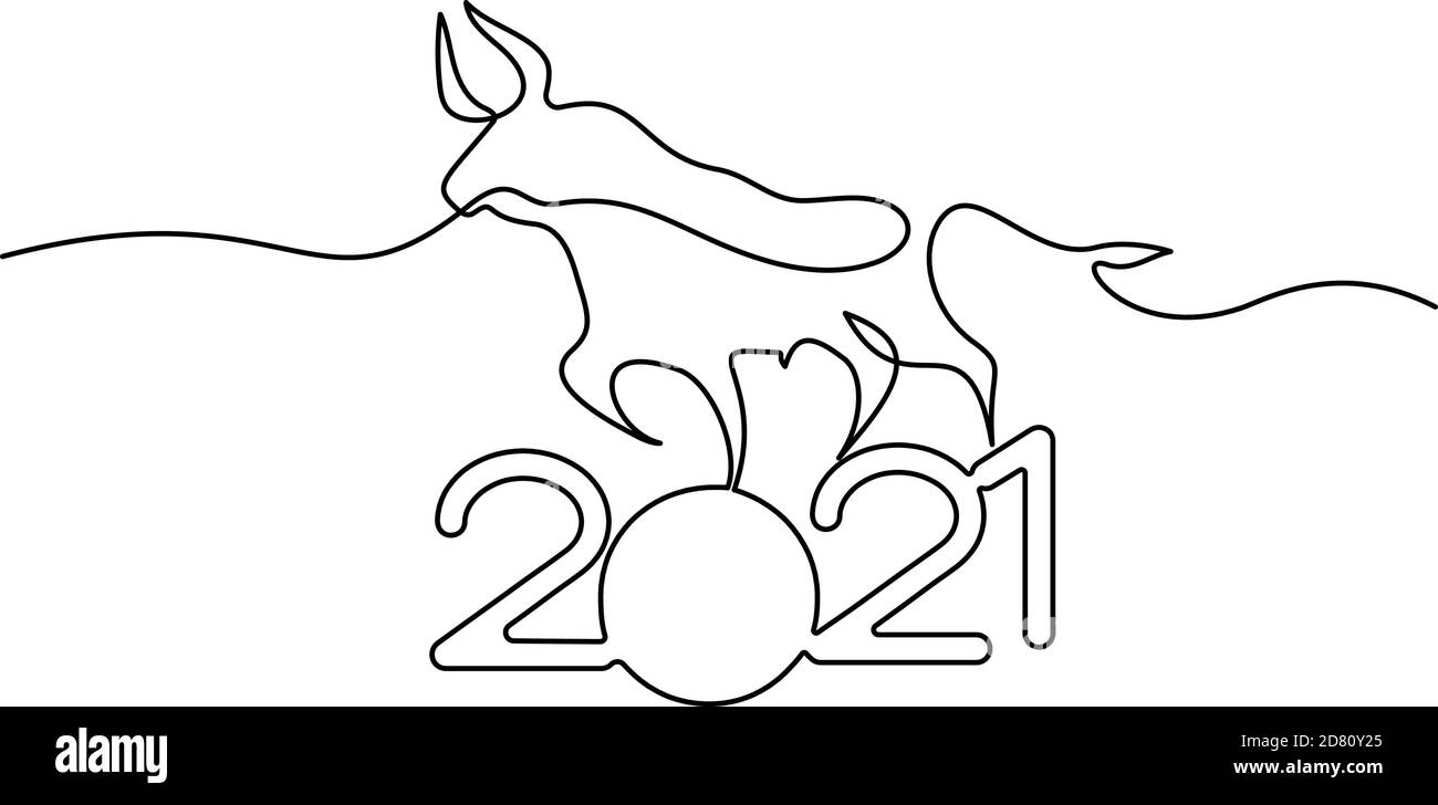 Bull disegno continuo di una linea. Cinese nuovo anno 2021 anno del toro. Disegno vettoriale con contorno nero. Illustrazione Vettoriale