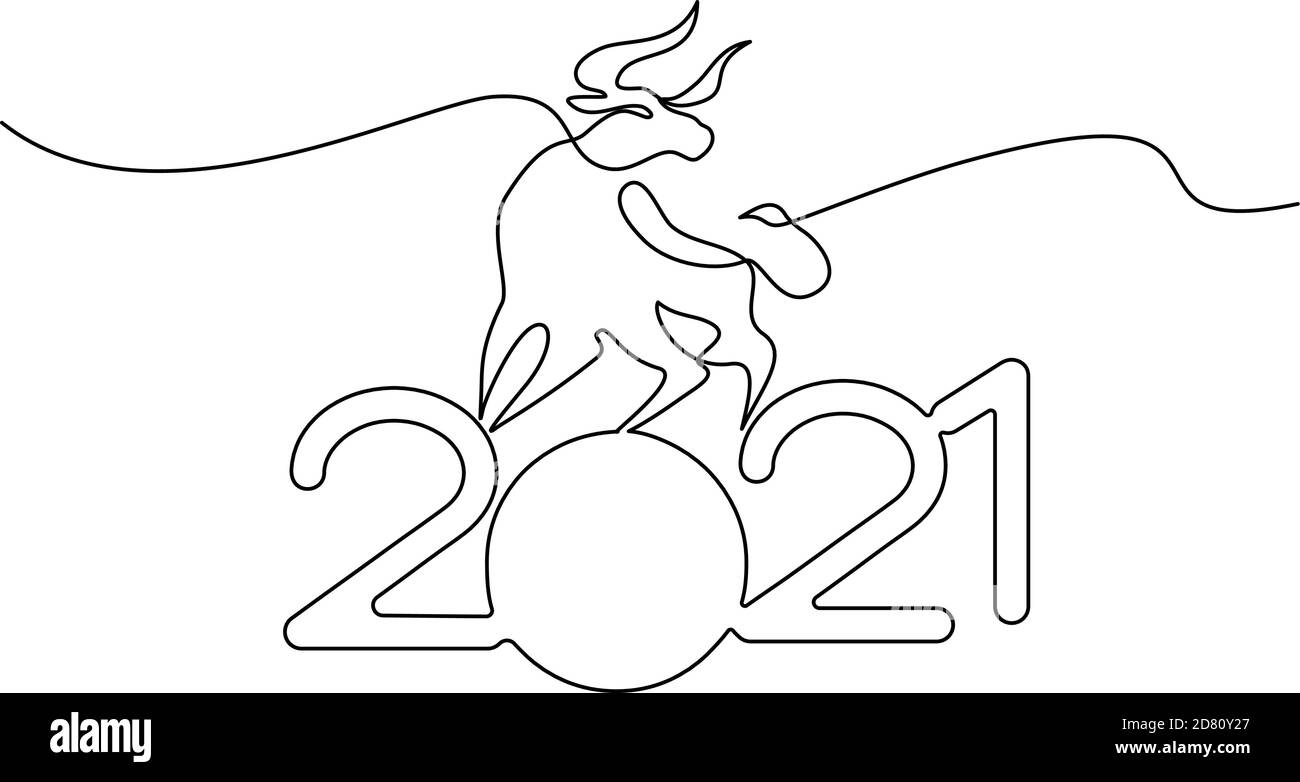 Bull disegno continuo di una linea. Cinese nuovo anno 2021 anno del toro. Disegno vettoriale con contorno nero. Illustrazione Vettoriale