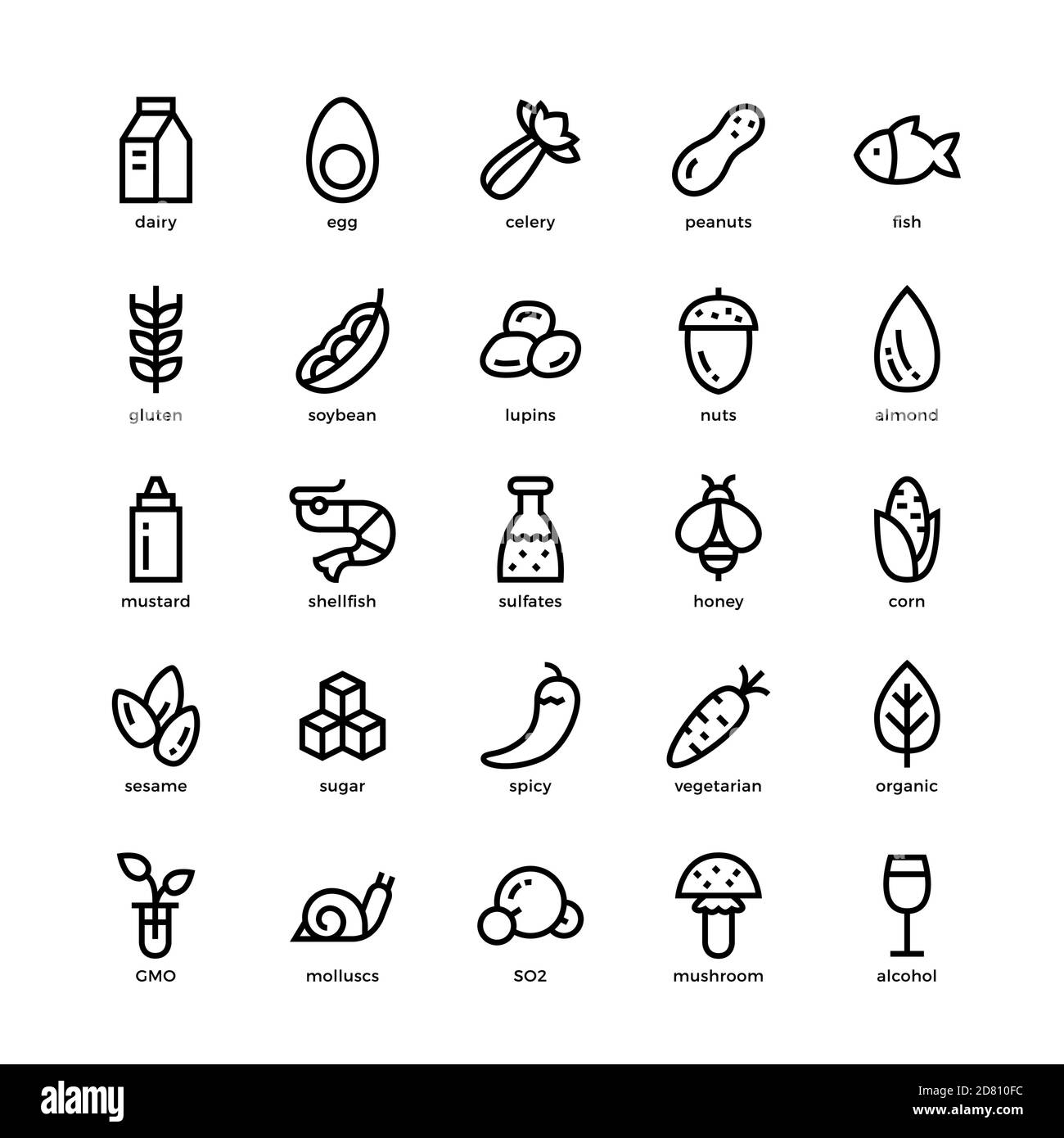25 set di icone di base per allergeni e linee di dieta. Isolato su sfondo nero. Bianco e nero. Illustrazione Vettoriale
