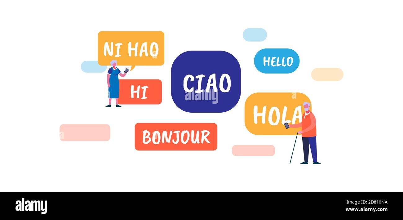 Lingua diversa. Parole rosse internazionali in dialetto francese blu inglese comunicazione globale di viaggio. Illustrazione Vettoriale