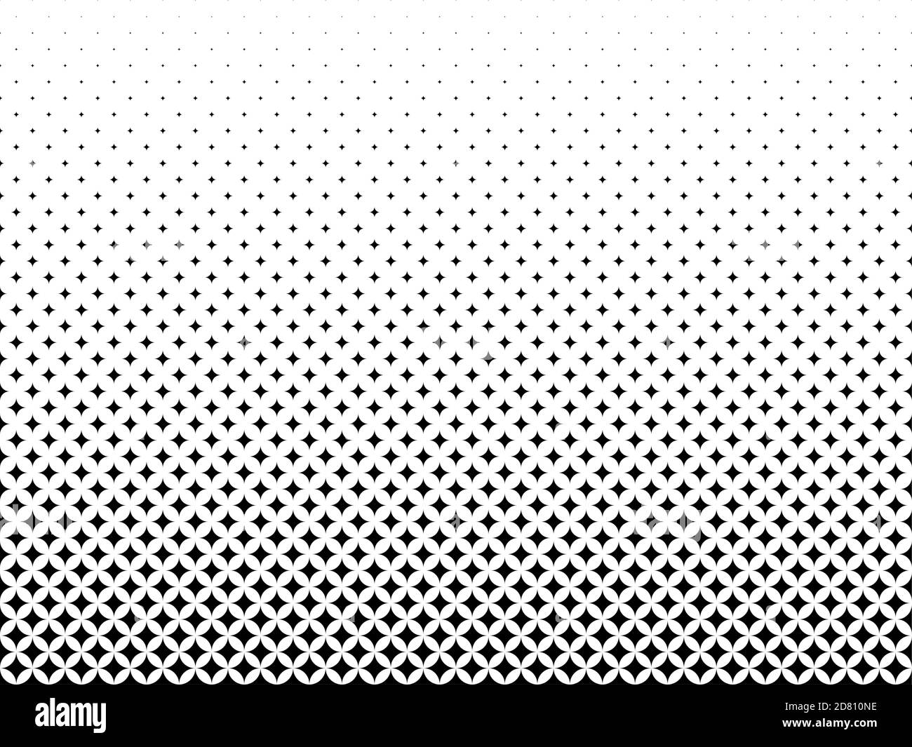 Motivo geometrico di stelle nere su sfondo bianco. Senza giunture in una direzione. Opzione con dissolvenza centrale. 43 figure in altezza. Illustrazione Vettoriale