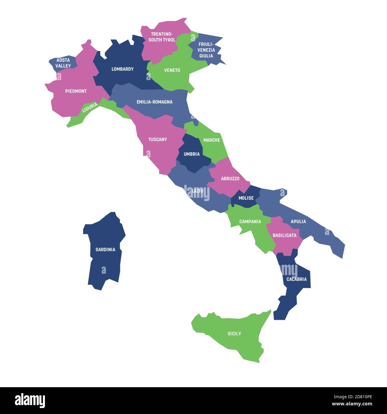 Mappa colorata dell'Italia divisa in 20 regioni amministrative. Etichette bianche. Semplice illustrazione vettoriale piatta. Illustrazione Vettoriale