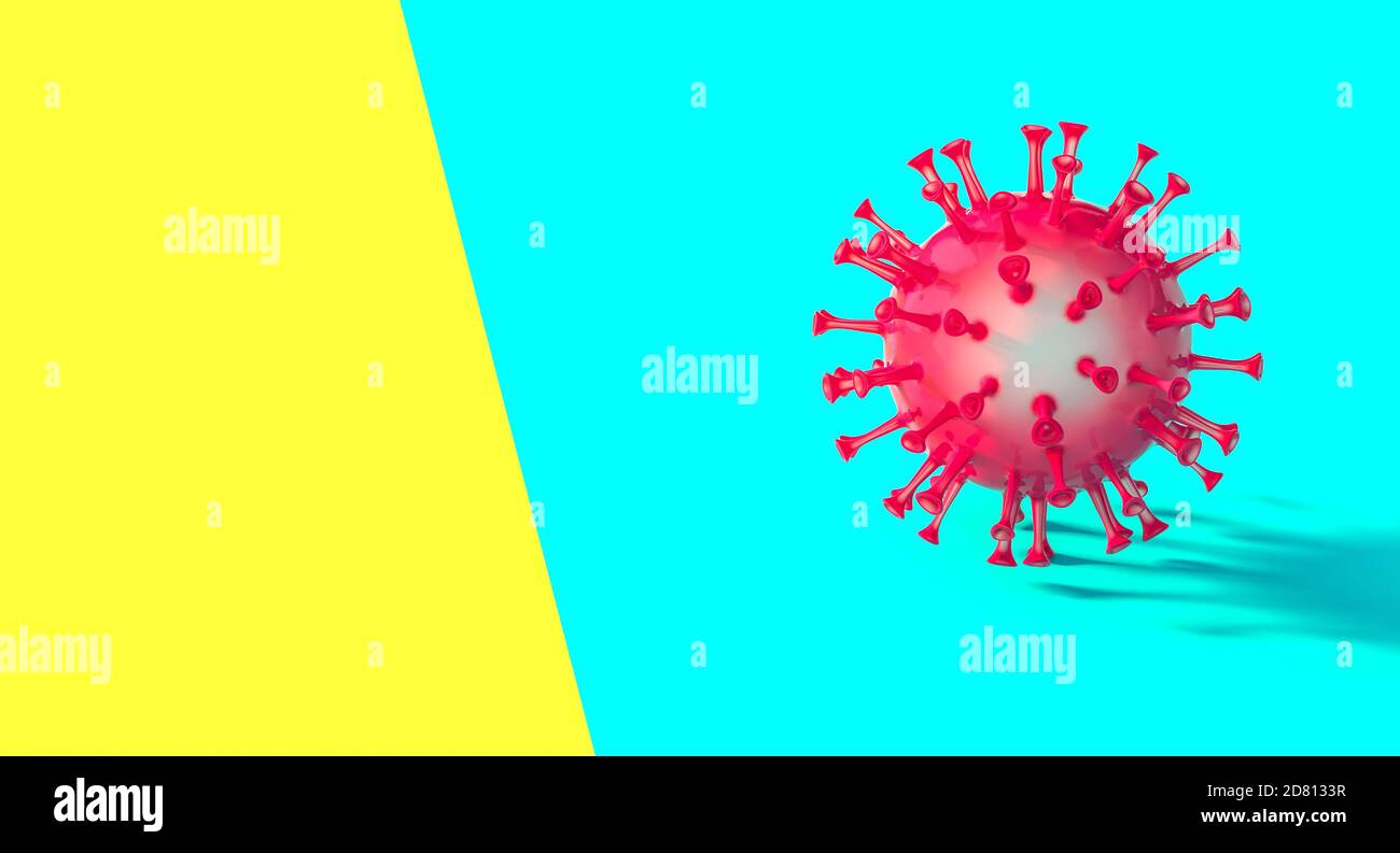 virus covid-19 rosso su fondo blu e giallo in stile piatto. rendering 3d. Foto Stock