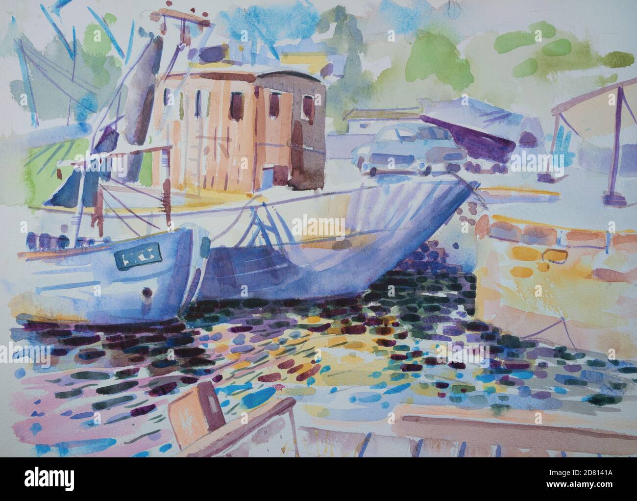 Pittura acquerello di barche in un porto. Foto Stock