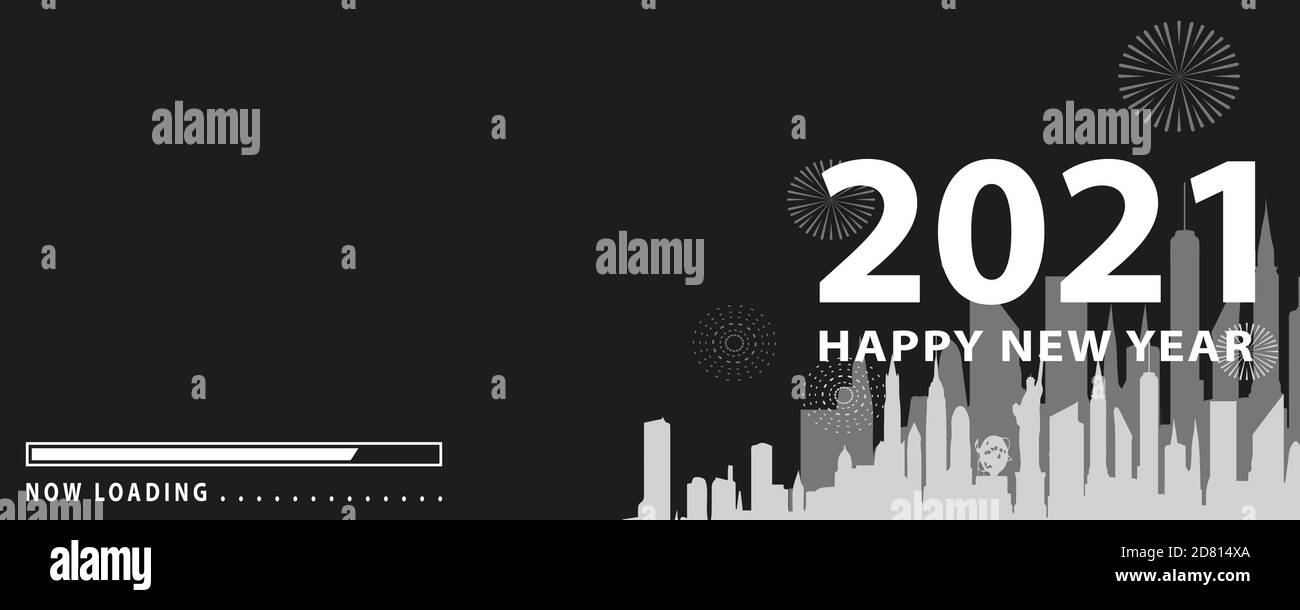 barra di carico con transizione dal 2020 al 2021 anno nuovo. Silhouette di New york su sfondo nero. Tessera Happy New Year con barra di avanzamento. Vettore il Illustrazione Vettoriale