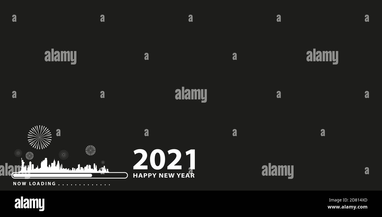 barra di carico con transizione dal 2020 al 2021 anno nuovo. Silhouette di New york su sfondo nero. Tessera Happy New Year con barra di avanzamento. Vettore il Illustrazione Vettoriale