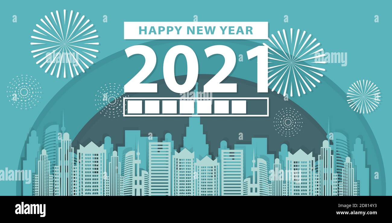 barra di carico con transizione dal 2020 al 2021 anno nuovo. Silhouette di New york su sfondo nero. Tessera Happy New Year con barra di avanzamento. Vettore il Illustrazione Vettoriale