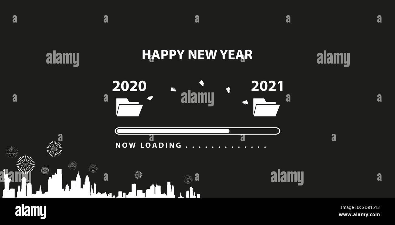 barra di carico con transizione dal 2020 al 2021 anno nuovo. Silhouette di New york su sfondo nero. Tessera Happy New Year con barra di avanzamento. Vettore il Illustrazione Vettoriale