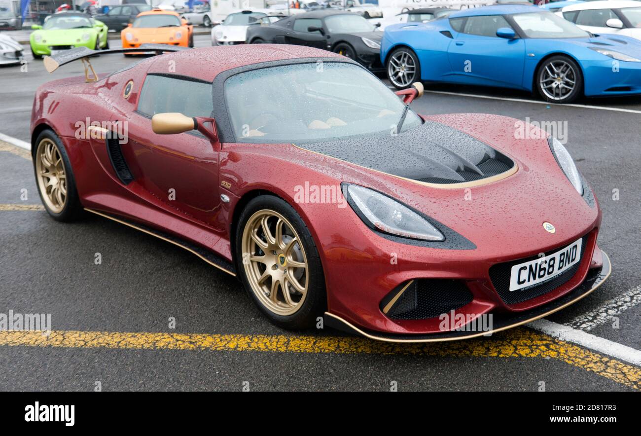 Tre quarti frontale di un 2018, Lotus Exige Sport 410, sul display a 2019 Silverstone Classic Foto Stock