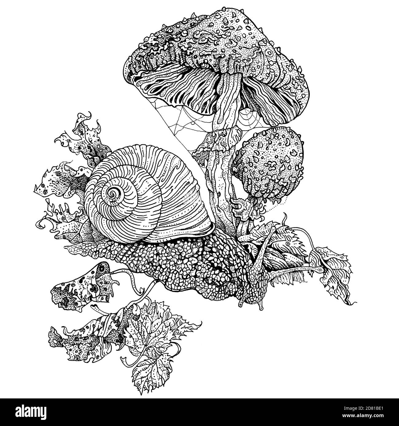 Lumaca e mosca agarica. Illustrazione dettagliata della penna di inchiostro disegnata a mano. Stampa T-shirt, tatuaggio in stile dotwork. Natura, folklore, concetto di fauna selvatica. Foto Stock