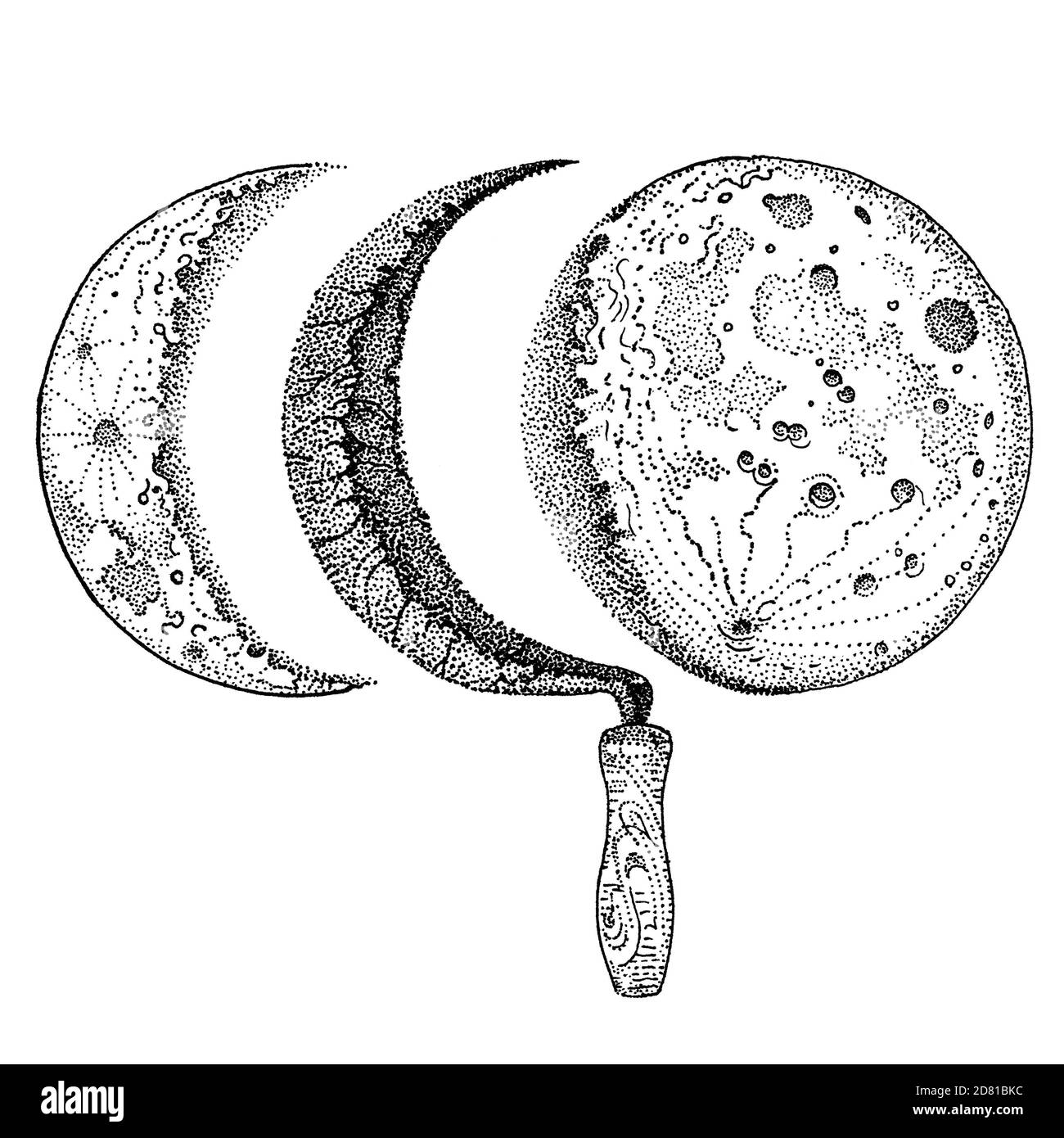 Fasi falce e luna. Luna in declino e mezzaluna. Illustrazione della penna di inchiostro disegnata a mano isolata nera su bianca. Stampa T-shirt, tatuaggio design stile dotwork Foto Stock