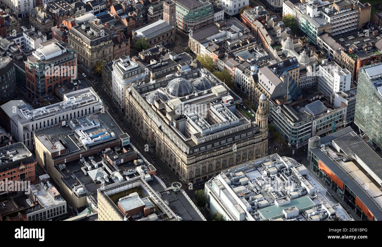 Vista aerea del Royal Exchange Building che guarda lungo Cross Street, Manchester Foto Stock