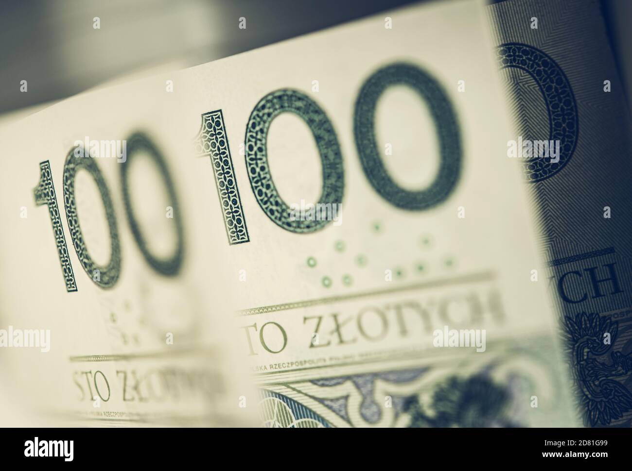Banconote PLN in valuta polacca. Polacco Zloty cento fatture primo piano. Settore bancario ed economico. Foto Stock