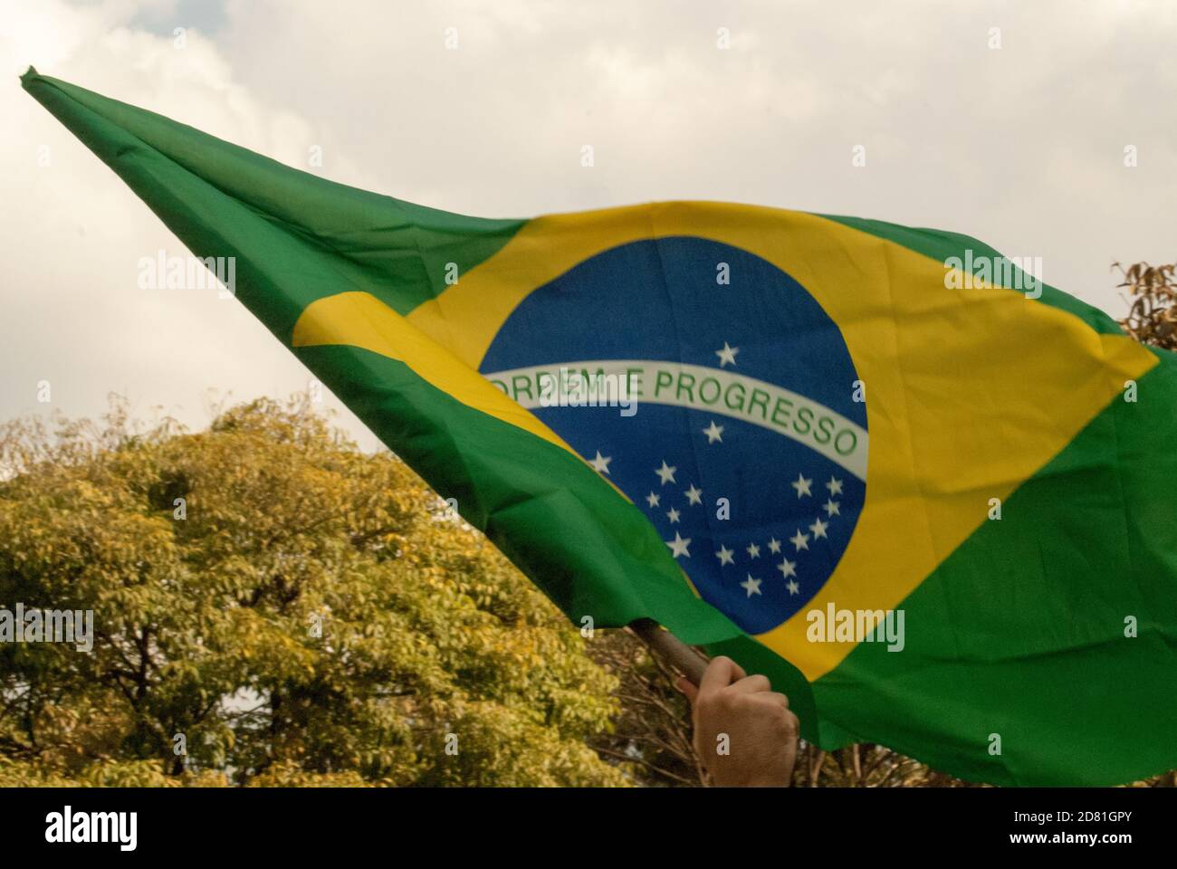 Bandiera brasiliana in protesta chiedendo più diritti a Belo Horizonte, Brasile Foto Stock