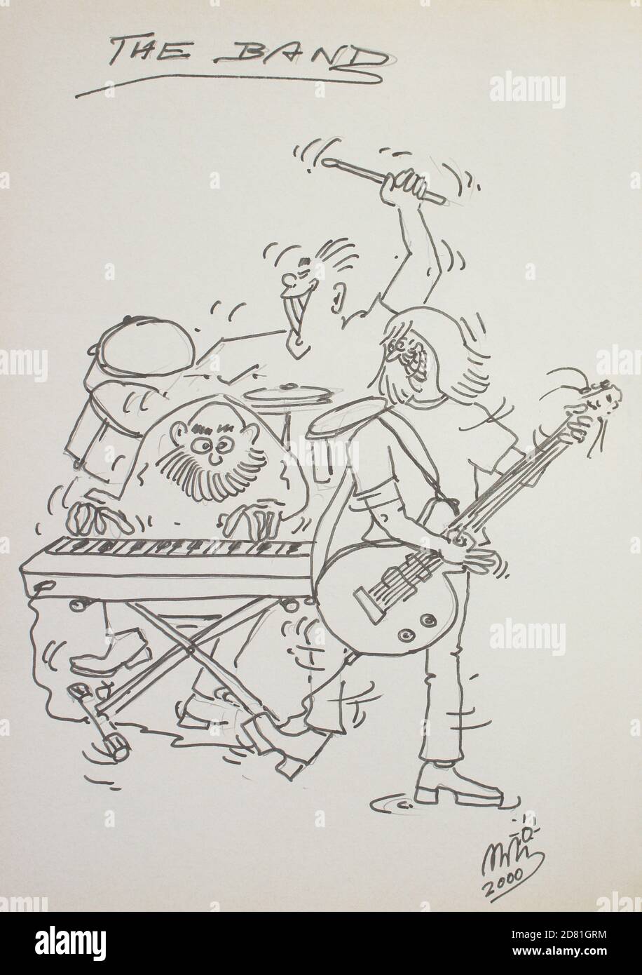Cartoon di una band con keyboarder, batterista e chitarrista, che canta anche. I membri della band stanno toccando il ritmo sul pavimento. Chitarra elettrica. Foto Stock