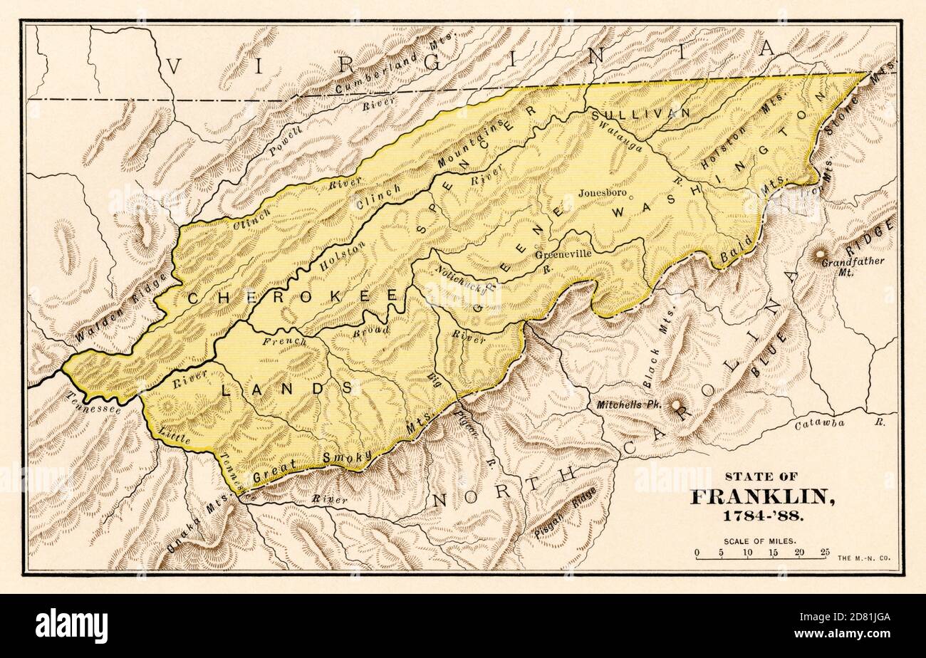 Stato di Franklin, 1784-1788, un territorio non riconosciuto del Tennessee orientale. Litografia a colori Foto Stock
