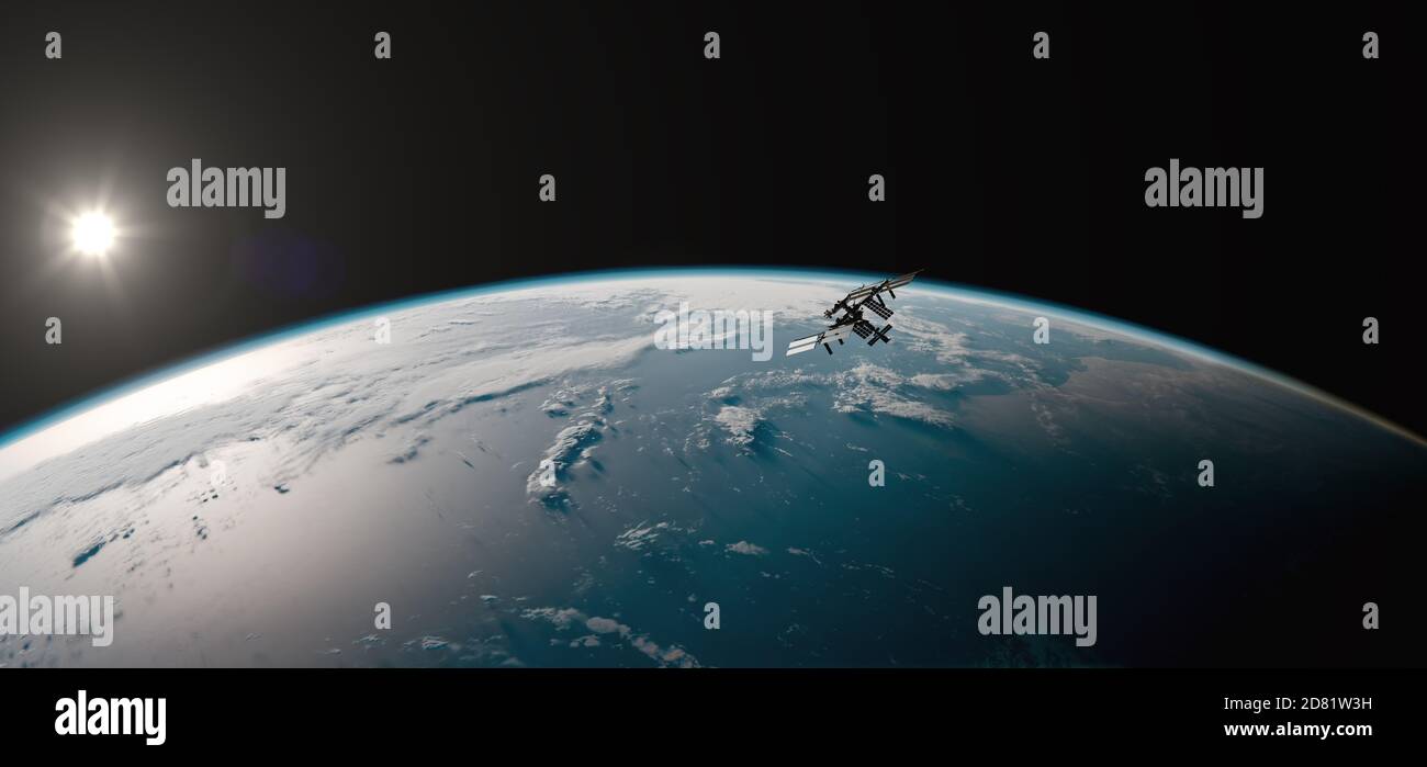 Stazione spaziale Internazionale (ISS) orbitante la Terra nello spazio - SpaceX & NASA Research - ISS satellite Ocean Sunset View Low Orbita Foto Stock