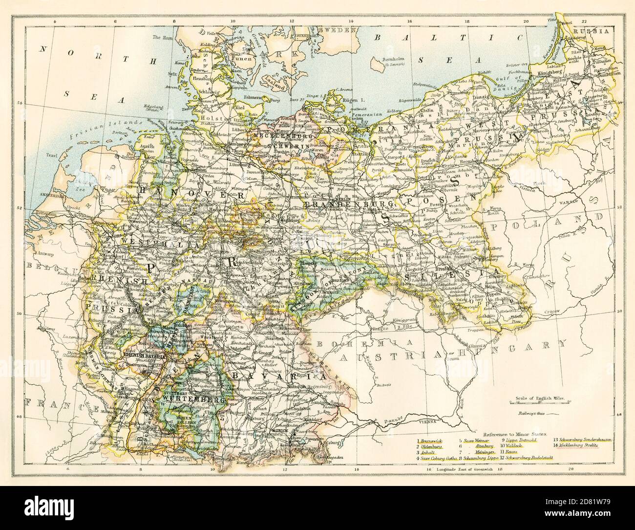 Mappa della Germania nel 1870. Litografia a colori Foto Stock