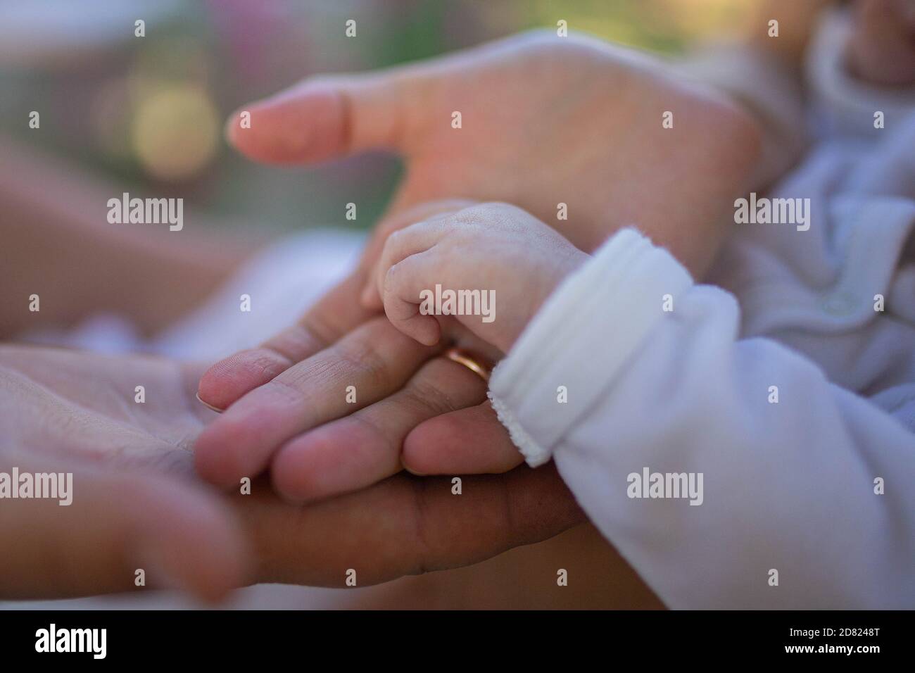 Mano del bambino sulle mani del genitore. All'aperto. Primo piano Foto Stock