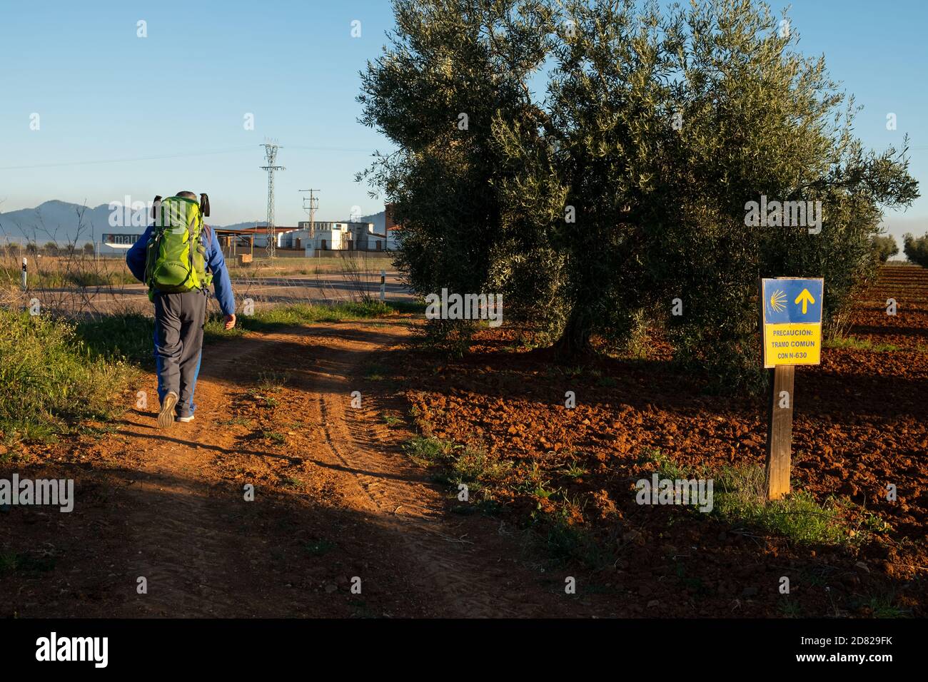 Pellegrino sulla Vía de la Plata sulla strada per Mérida, nella regione spagnola dell'Estremadura. Foto Stock