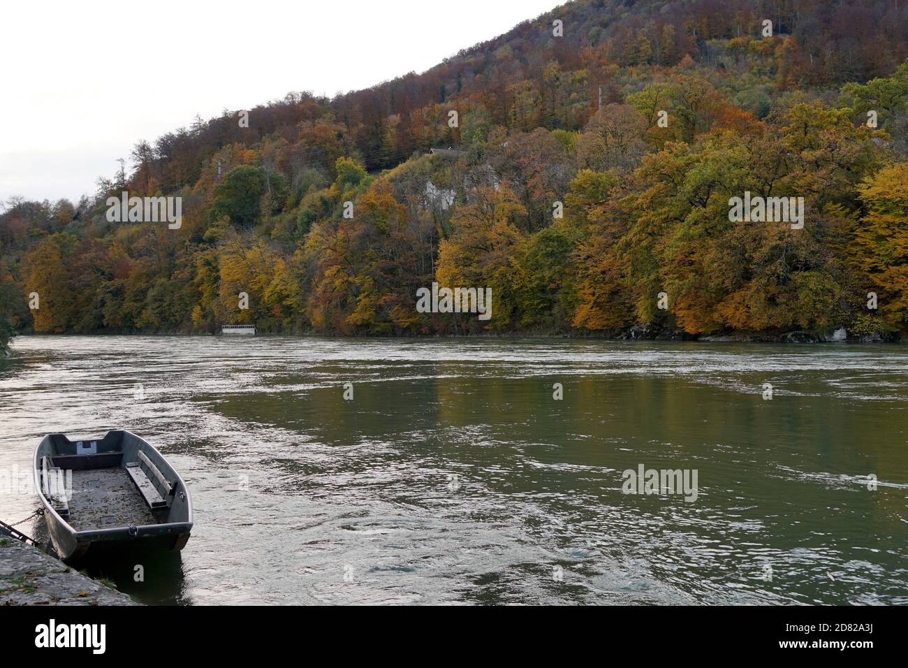 Una barca ormeggiata sulla riva del fiume Aare ad Aarburg in Svizzera con paesaggio autunnale sullo sfondo. Ci sono foglie d'autunno colorate. Foto Stock