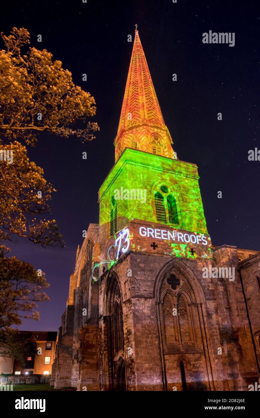 L'animazione Drawdown '100 Solutions to reverse climate change' di ben Sheppee proiettata sulla cappella di San Nicola, King's Lynn. Foto Stock