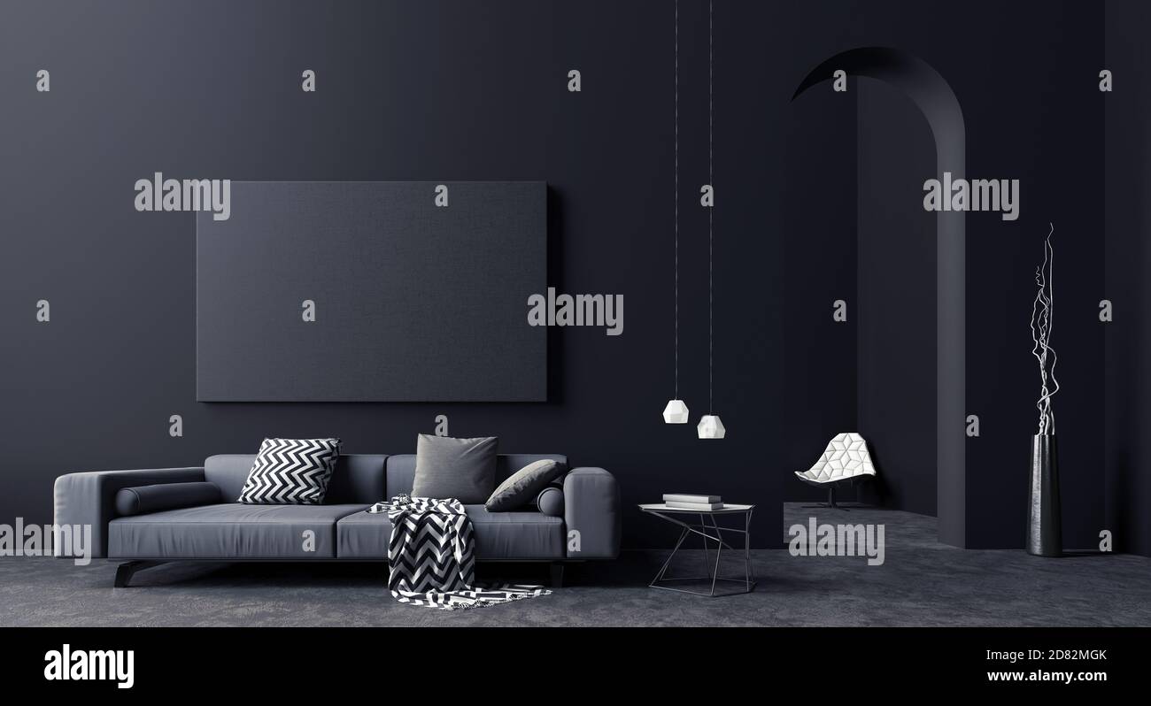 Design moderno degli interni in nero e grigio, illustrazione 3d Render 3d Foto Stock
