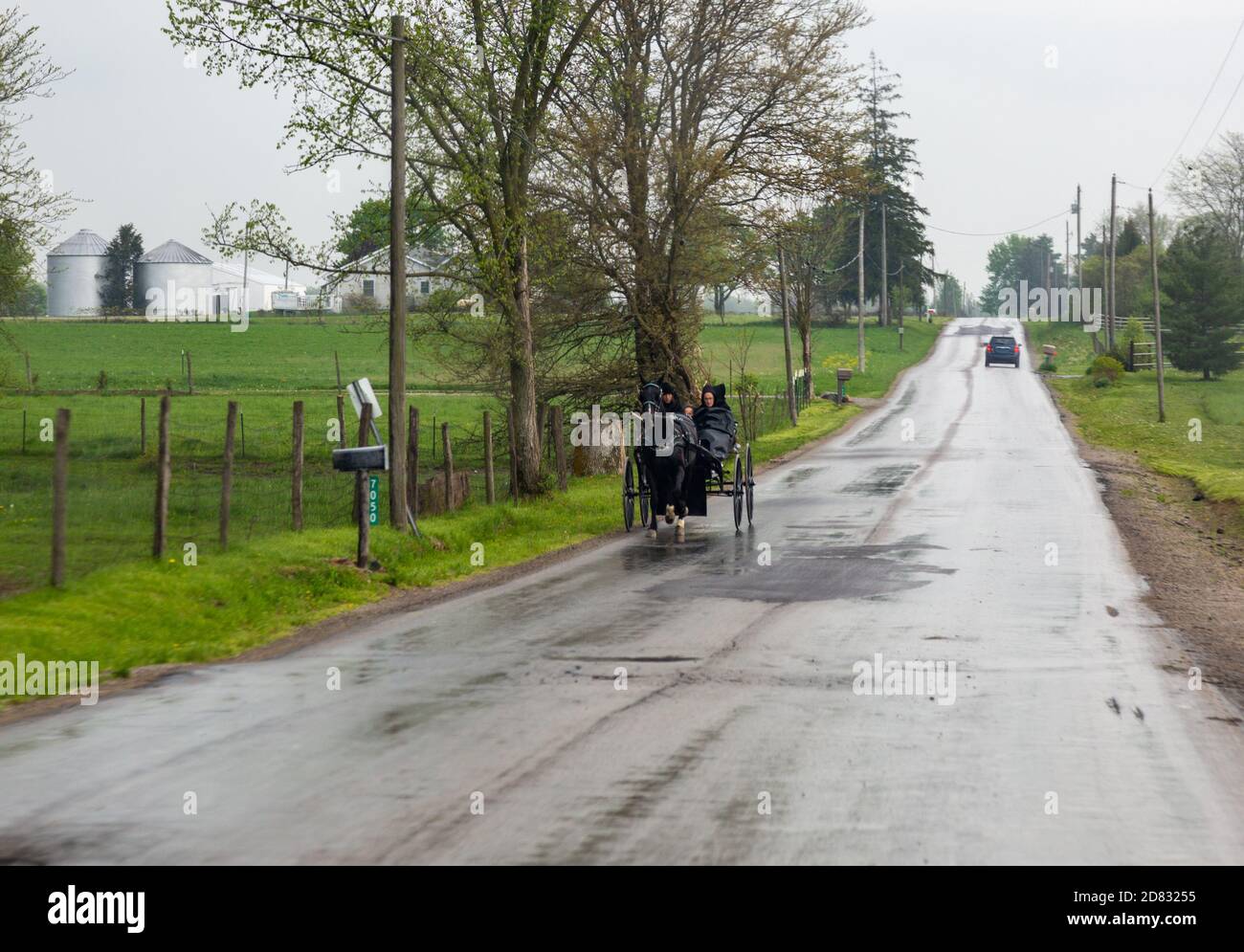 Una famiglia Amish attraversa la piovosa campagna della contea di DeKalb nella sua primitiva buggy trainata da cavalli. Foto Stock