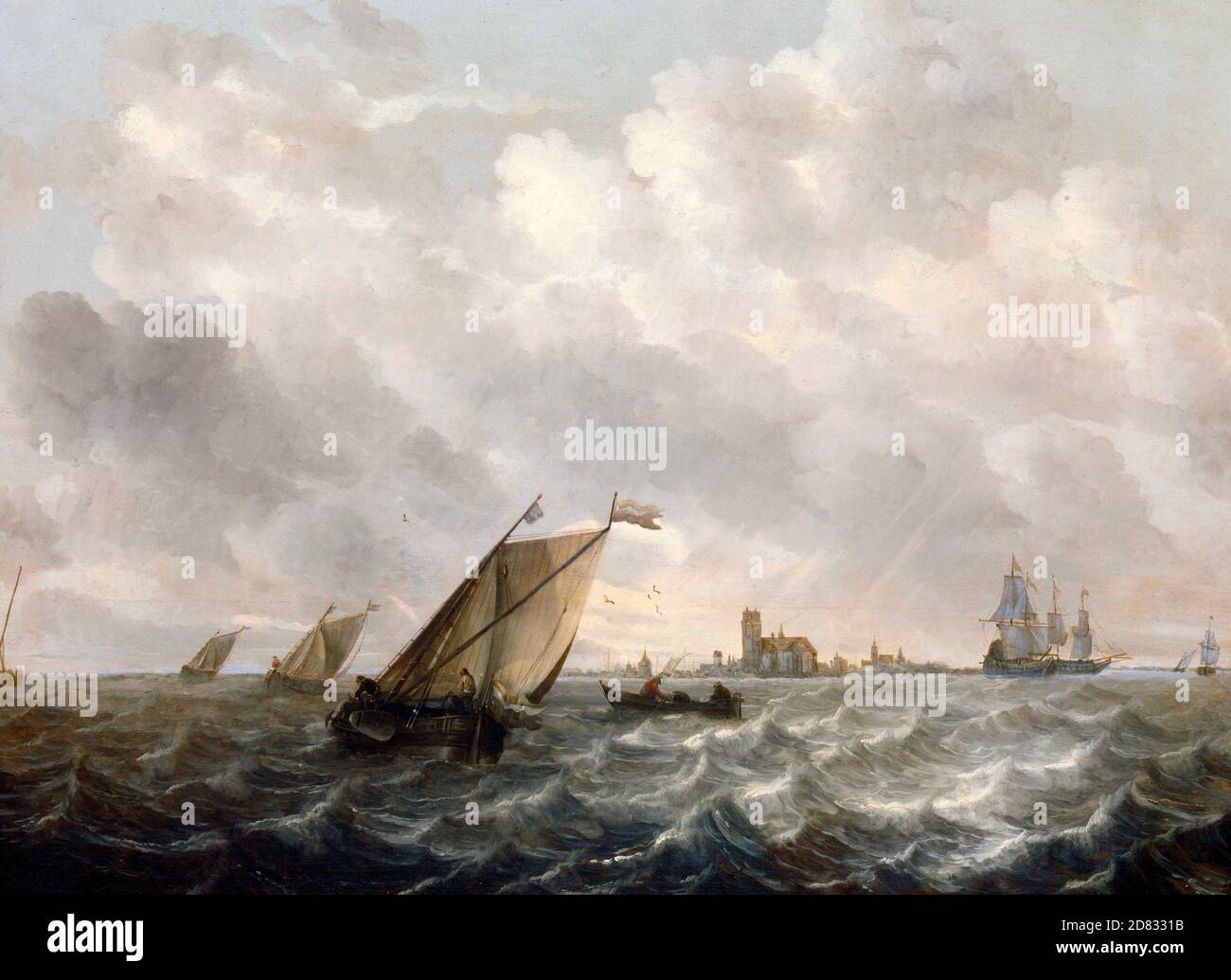 Vista fiume - navi e barche su acque agitate con un profilo della città in lontananza - Abraham van Beijeren, circa 1660 Foto Stock