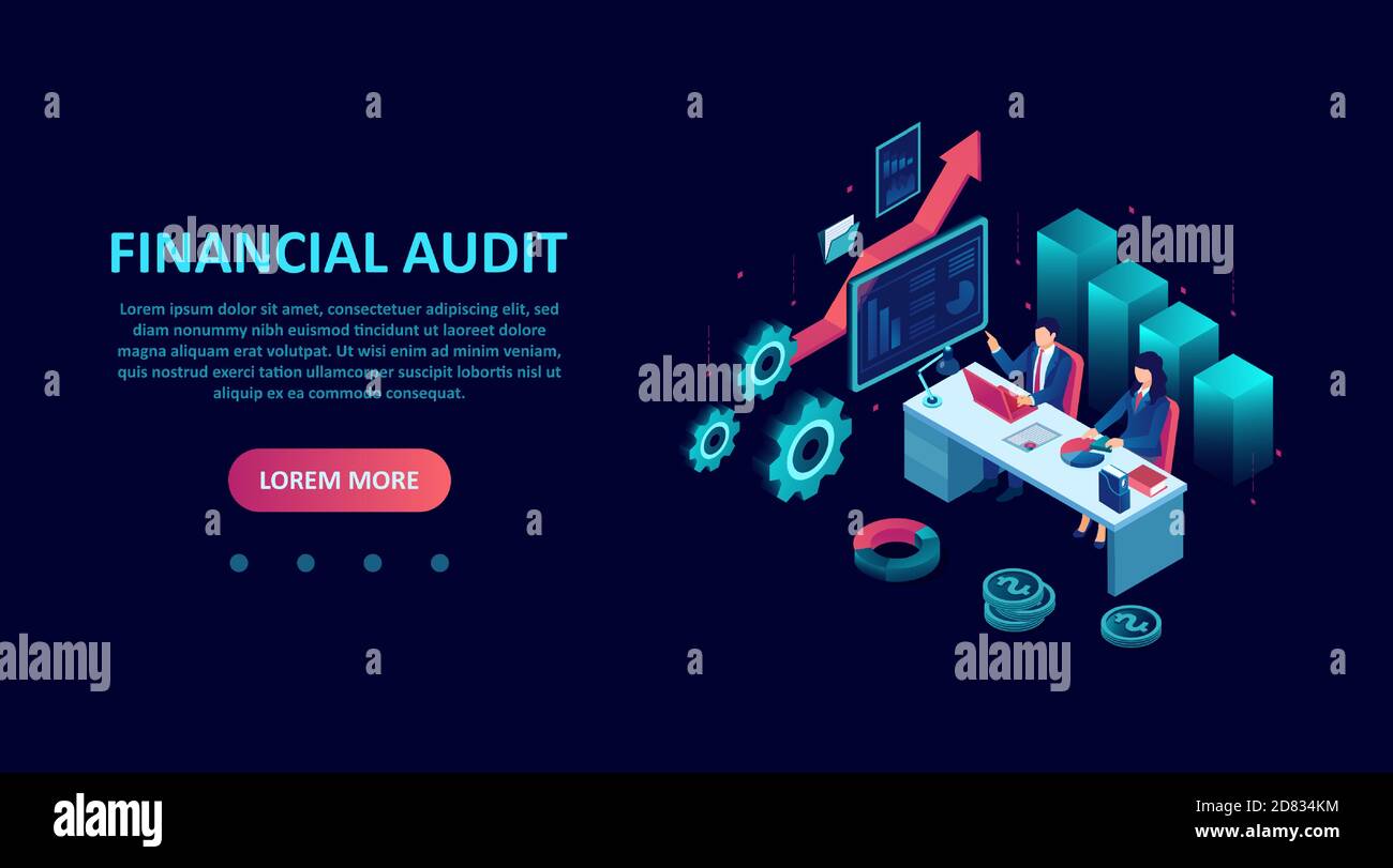 Vettore isometrico di contabili che effettuano audit finanziario, assistendo nella preparazione fiscale Illustrazione Vettoriale