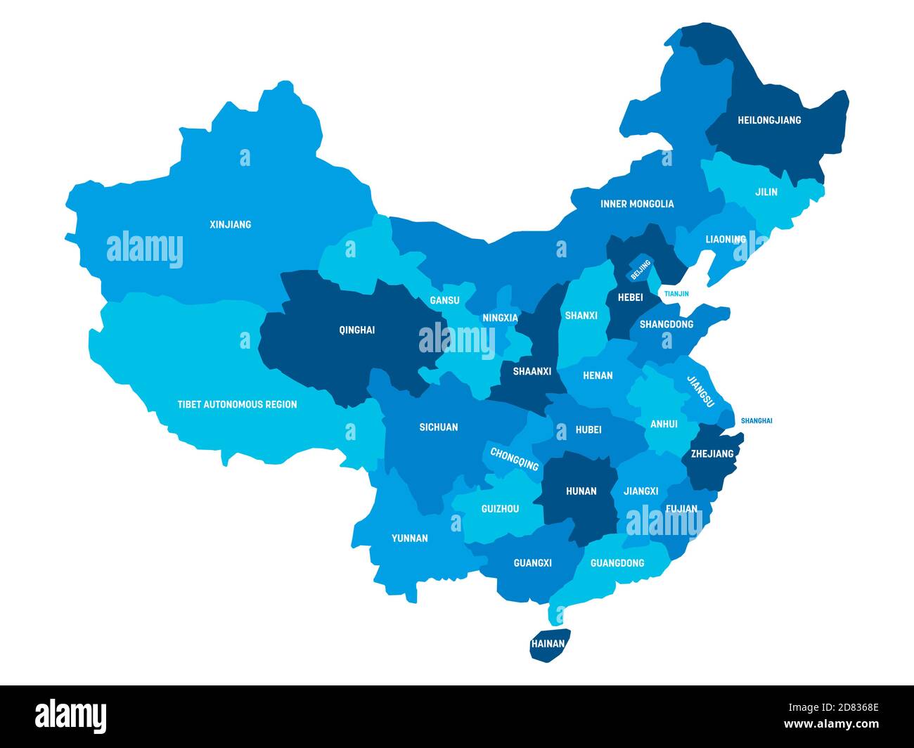 Mappa politica blu della Cina. Divisioni amministrative - Province. Semplice mappa vettoriale piatta con etichette. Illustrazione Vettoriale