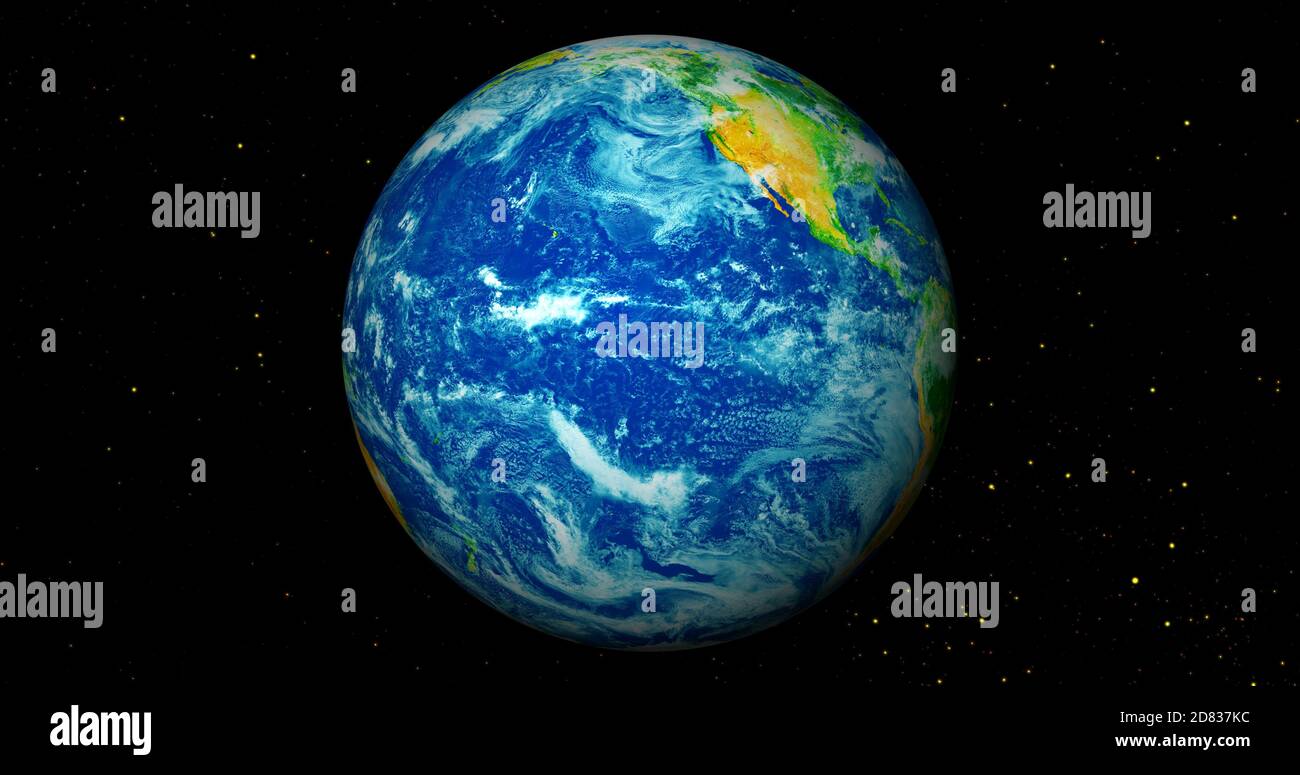 pianeta terra realistico con rendering 3d fotografico. Bellissimo pianeta verde con galassia o nebulosa colorata. Vista frontale della terra dallo spazio con le nuvole Foto Stock