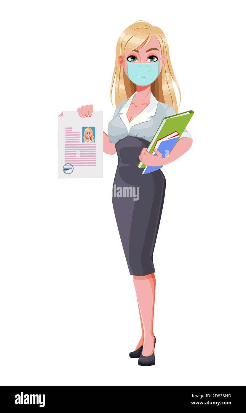 Donna d'affari che tiene documenti. Bel personaggio cartoon donna d'affari in maschera medica. Illustrazione vettoriale su sfondo bianco Illustrazione Vettoriale