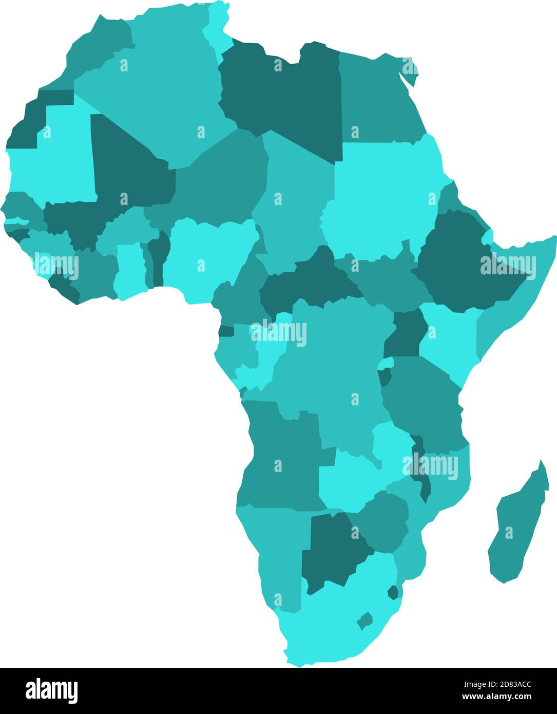 Mappa politica dell'Africa in quattro tonalità di blu turchese su sfondo bianco. Illustrazione vettoriale. Illustrazione Vettoriale
