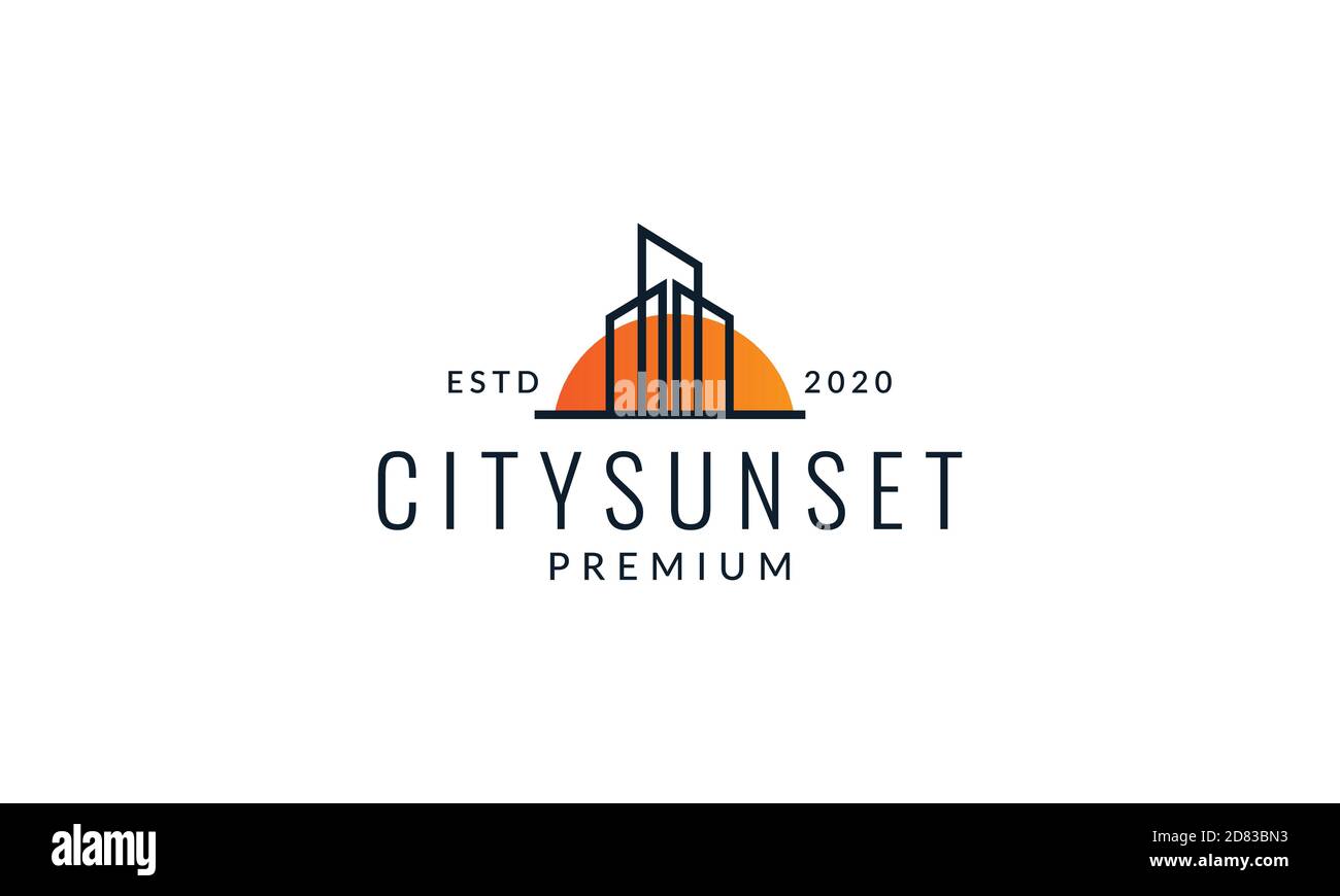 edificio con linee di tramonto contorno minimalista logo vettore icona illustrazione Illustrazione Vettoriale