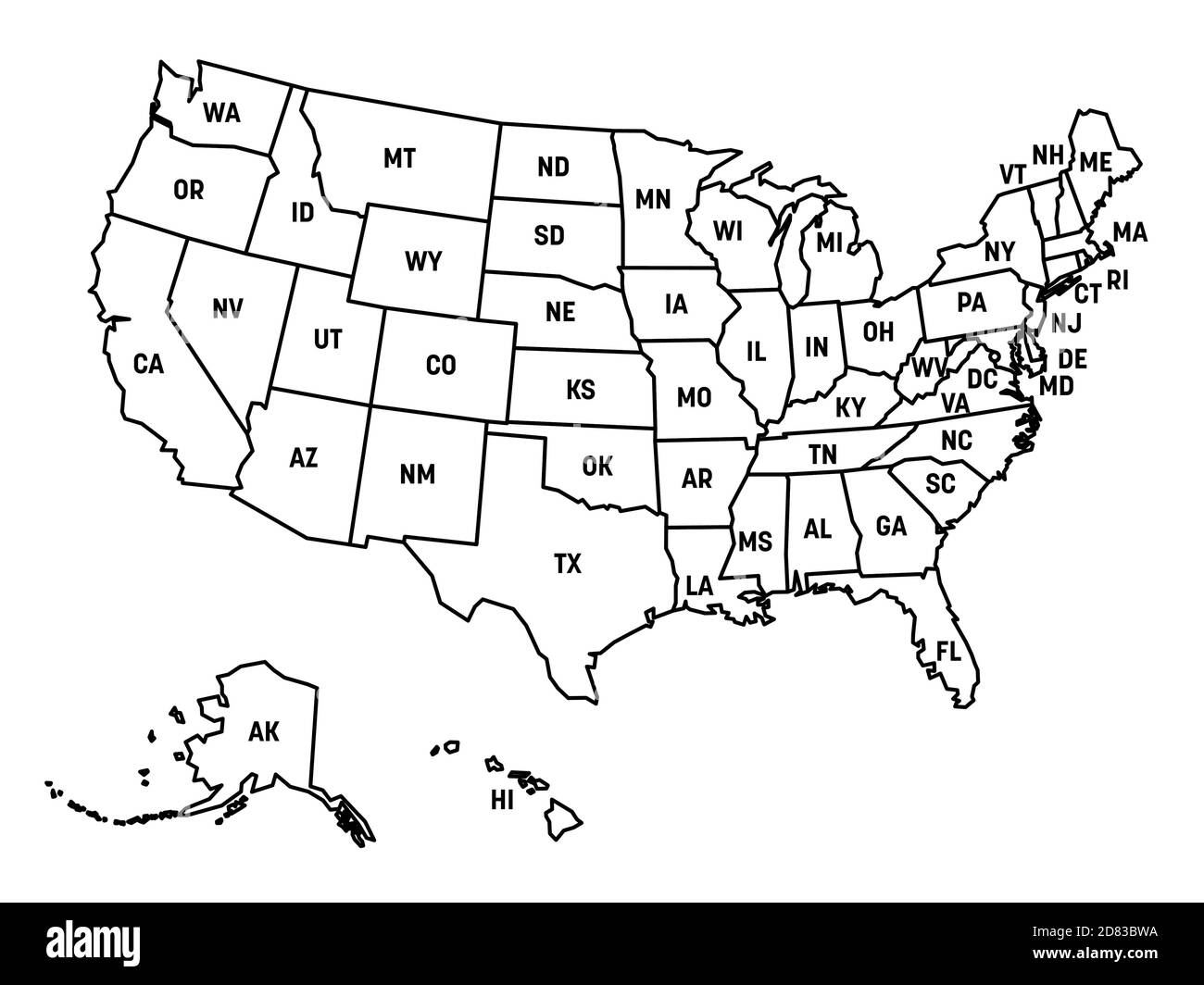 Mappa degli Stati Uniti d'America, USA, con abbreviazioni postali statali. Semplice mappa con contorno nero. Illustrazione Vettoriale