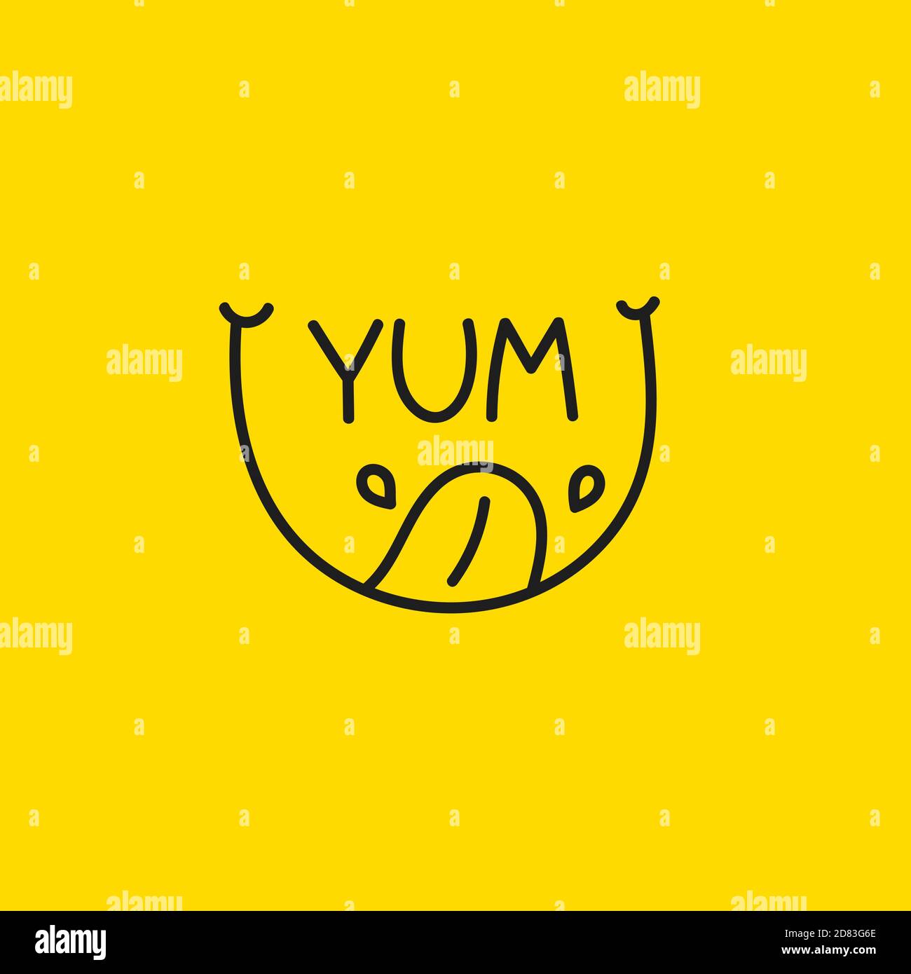 Icona yum con sorriso, lingua e saliva. Riga del logo astratto Illustrazione Vettoriale