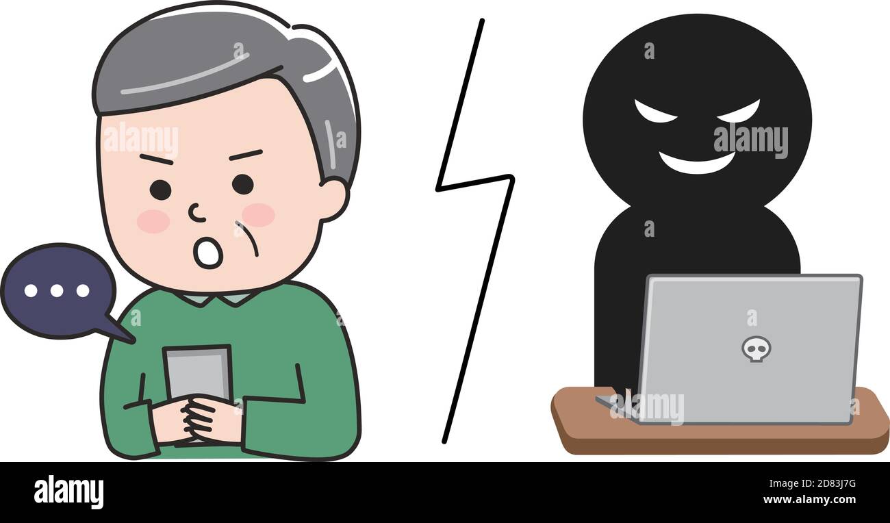 Uomo che viene truffato da un sito web falso su tablet o smartphone. Illustrazione vettoriale isolata su sfondo bianco. Illustrazione Vettoriale