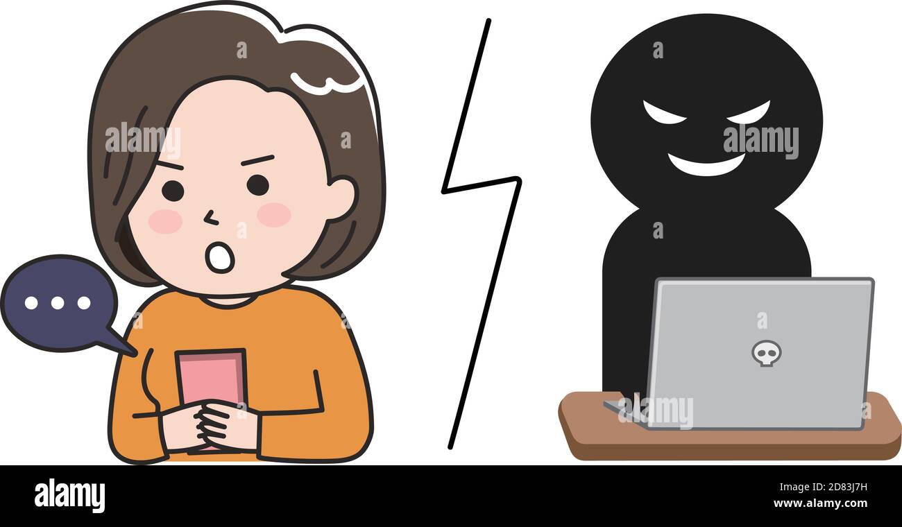 Donna che viene truffata da un sito web falso su tablet o smartphone. Illustrazione vettoriale isolata su sfondo bianco. Illustrazione Vettoriale